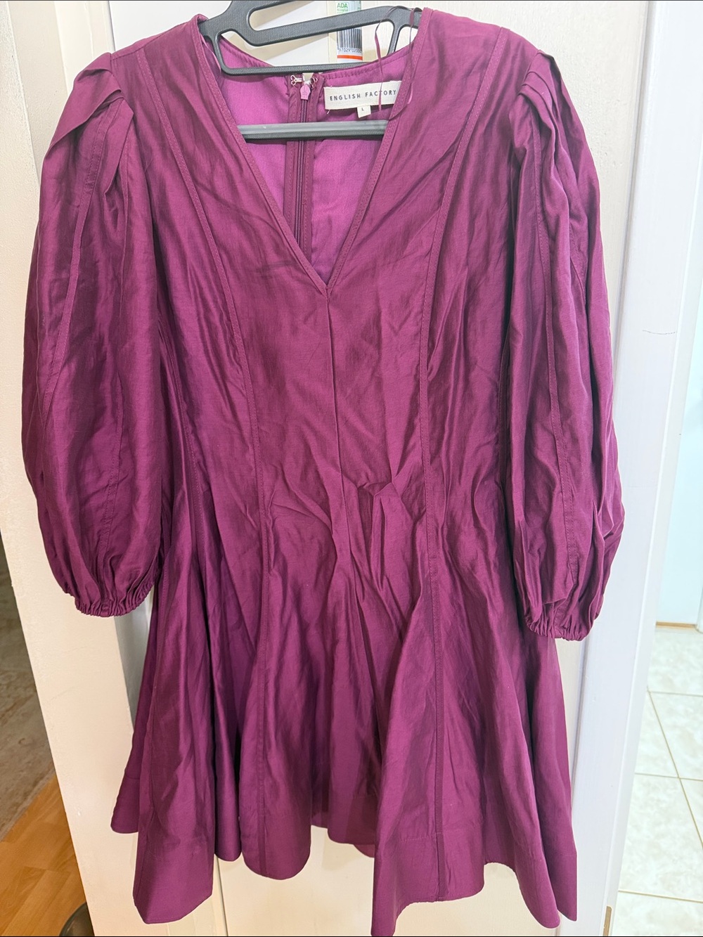 English Factory Plum V-Neck Puff Sleeve Dress